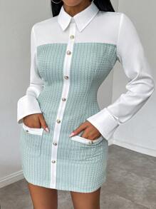 Chiquease 撞色前扣口袋优雅长袖连衣裙 - 綠色 - 查看 1