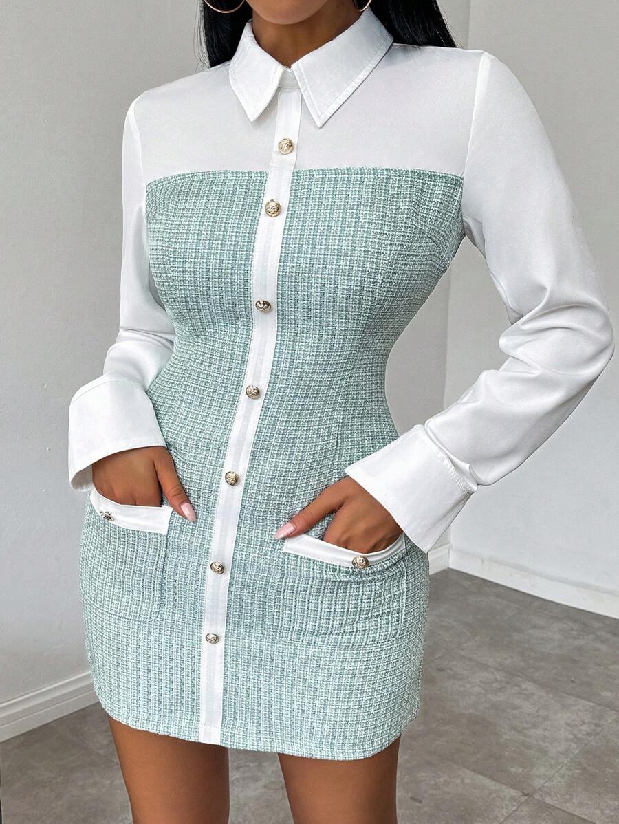 Chiquease 撞色前扣口袋优雅长袖连衣裙 - 綠色 - 查看 1