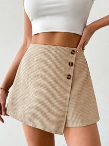 Chiquease Váy suông màu trơn viền bất đối xứng có nút trang trí, giản dị và thời trang - Màu Khaki - Xem 1