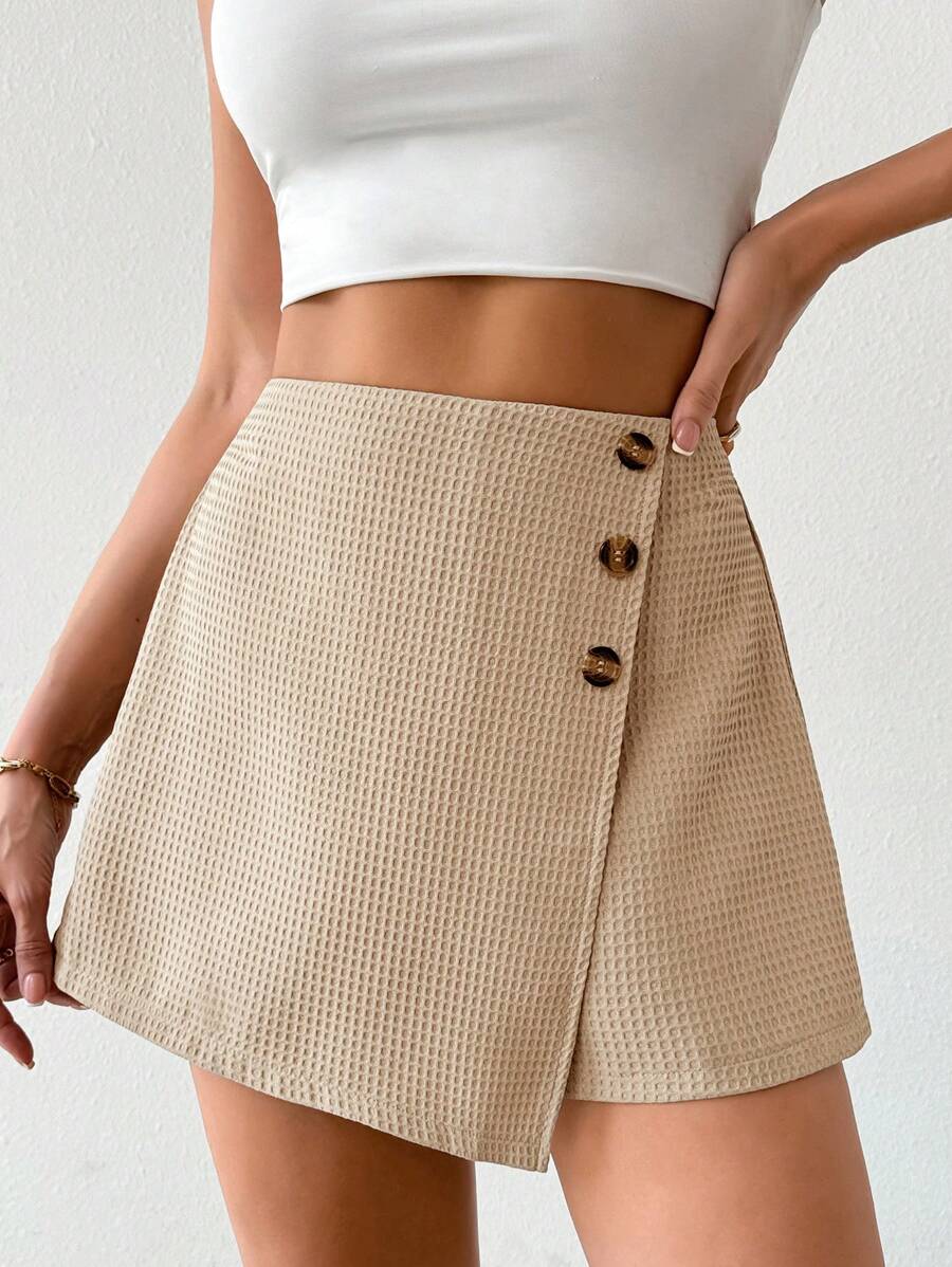 Chiquease Váy suông màu trơn viền bất đối xứng có nút trang trí, giản dị và thời trang - Màu Khaki - Xem 1