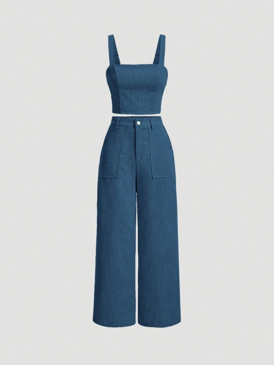 SHEIN MOD 2件套女士纯色吊带背心上衣和裤子套装