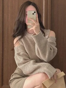 DAZY Women's Solid Color Open Shoulder Long Sleeve Sweater,Three Quarter Sleeve Tops