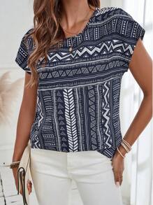 EMERY ROSE Blusa de mujer de cuello redondo con estampado total de manga corta, para verano - Azul Marino - Ver 3