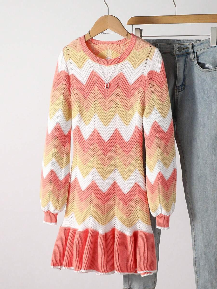 Tween Girl Wavy Lines Color Block Knit Sweater Midi Dress,Pink And White,Autumn,Boho,Family Matching Ruffle Trim Elastic Texture Casual School Fashion - Coral Orange - View 1