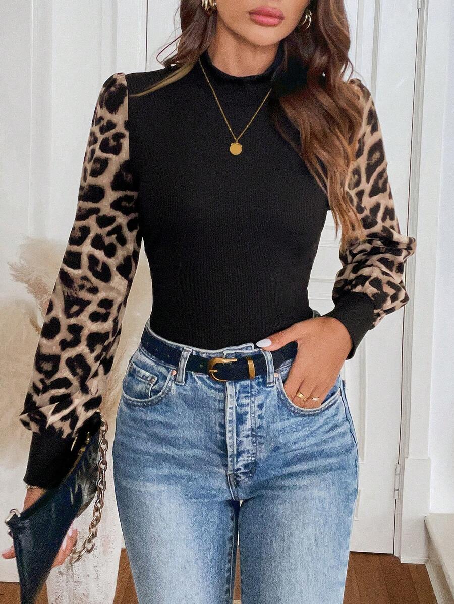 Easowa Women Seductive Black Leopard Print High Collar Puff Sleeve Blouse,Autumn Casual Commuter Elegant Top For Night Out,Business Office Wear Graphic Tees