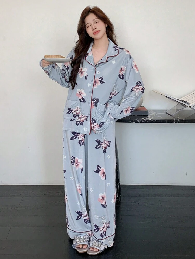 Contrast Piping Long Sleeve Front Button Floral Allover Print Velvet Pajama Set