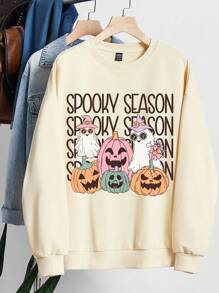 SHEIN Essnce Women's Casual Cute Pumpkin Printed Oversized Crew Neck Sweatshirt, Fall/Winter, Halloween