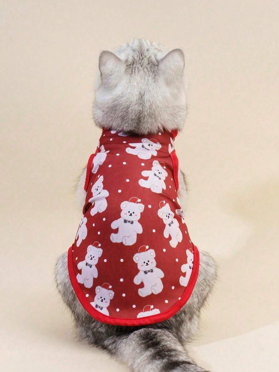 PETSIN 1 件可爱圣诞熊印花宠物背心（亮红色） - 彩色 - 查看 1