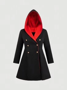 Flirla Plus Size Double Breasted Hooded Long Sleeve Coat, For Winter - Black - View 1