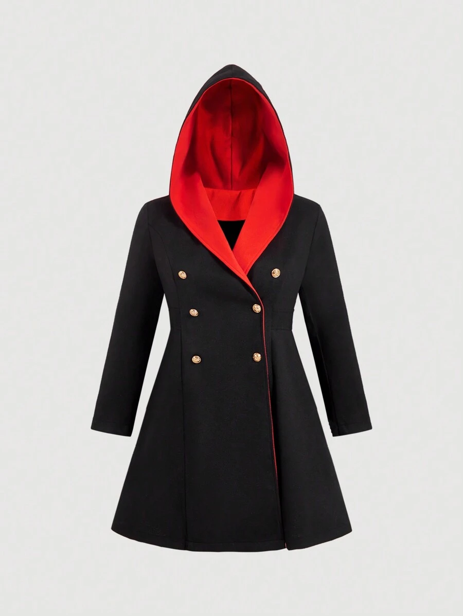 Flirla Plus Size Double Breasted Hooded Long Sleeve Coat, For Winter - Black - View 1