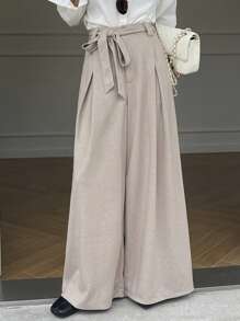 DAZY Solid Color Loose Wide Leg Pants With Pockets And Belt For Women Business Attire - Apricot - View 9