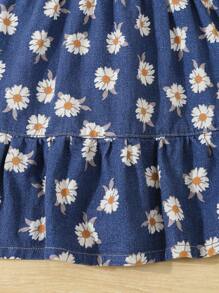 Girls Daisy Print Adjustable Spaghetti Strap A-Line Denim Dress With Ruffle Hem, Multilayered Design - Dark Wash - View 5