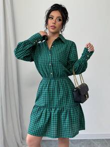 Chiquease Button Front Long Sleeve Collared Collegiate Pattern A-Line Waist Shirtdress - Green - View 6