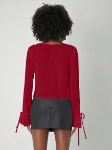 COSMINA Áo sơ mi dài tay cổ chữ V thắt nút màu trơn dành cho nữ - Đỏ - Xem 2