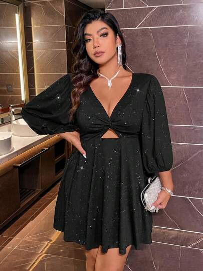 Plus Size Women's Spring/Autumn French Patchwork Collar Deep V-Neck Casual Design Twist Hollow Lantern Sleeve Elegant Party Cocktail Dress With Metallic Glitter, Elastic Waist, Flowy Ruffle Hem