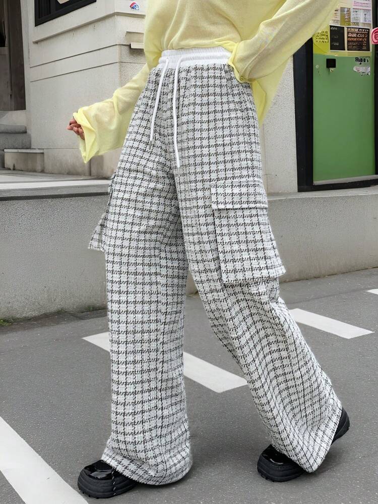 Women Check Print Pocket Design Drawstring Pants,Fall Clothes Plaid