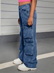 SHEIN Pantalones de carga de pierna recta de cintura alta con lavado de piedra y bolsillos con solapa utilitaria para niñas preadolescentes, conjunto de pantalones de otoño para niñas