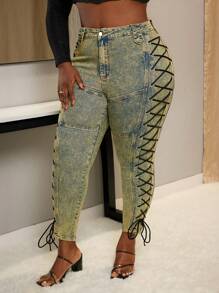 SHEIN SXY Plus Size Women's Distressed Tie Waist Denim Jeans - Dark Wash - View 1