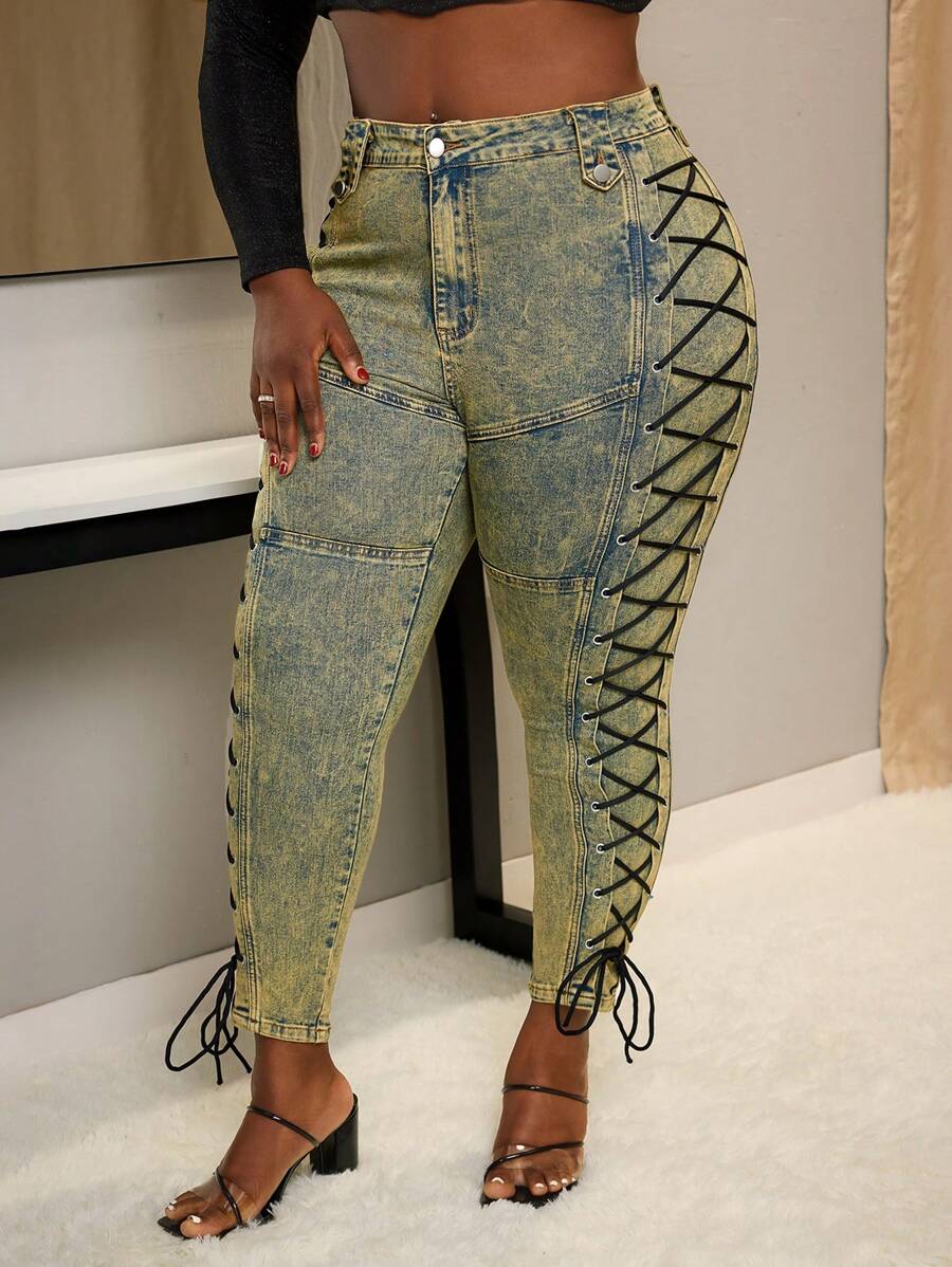 SHEIN SXY Plus Size Women's Distressed Tie Waist Denim Jeans - Dark Wash - View 1