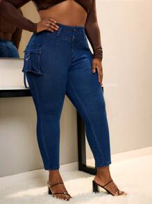 SHEIN SXY Jeans pitillo de unicolor con bolsillos, dobladillo deshilachado y desgastado, talla grande