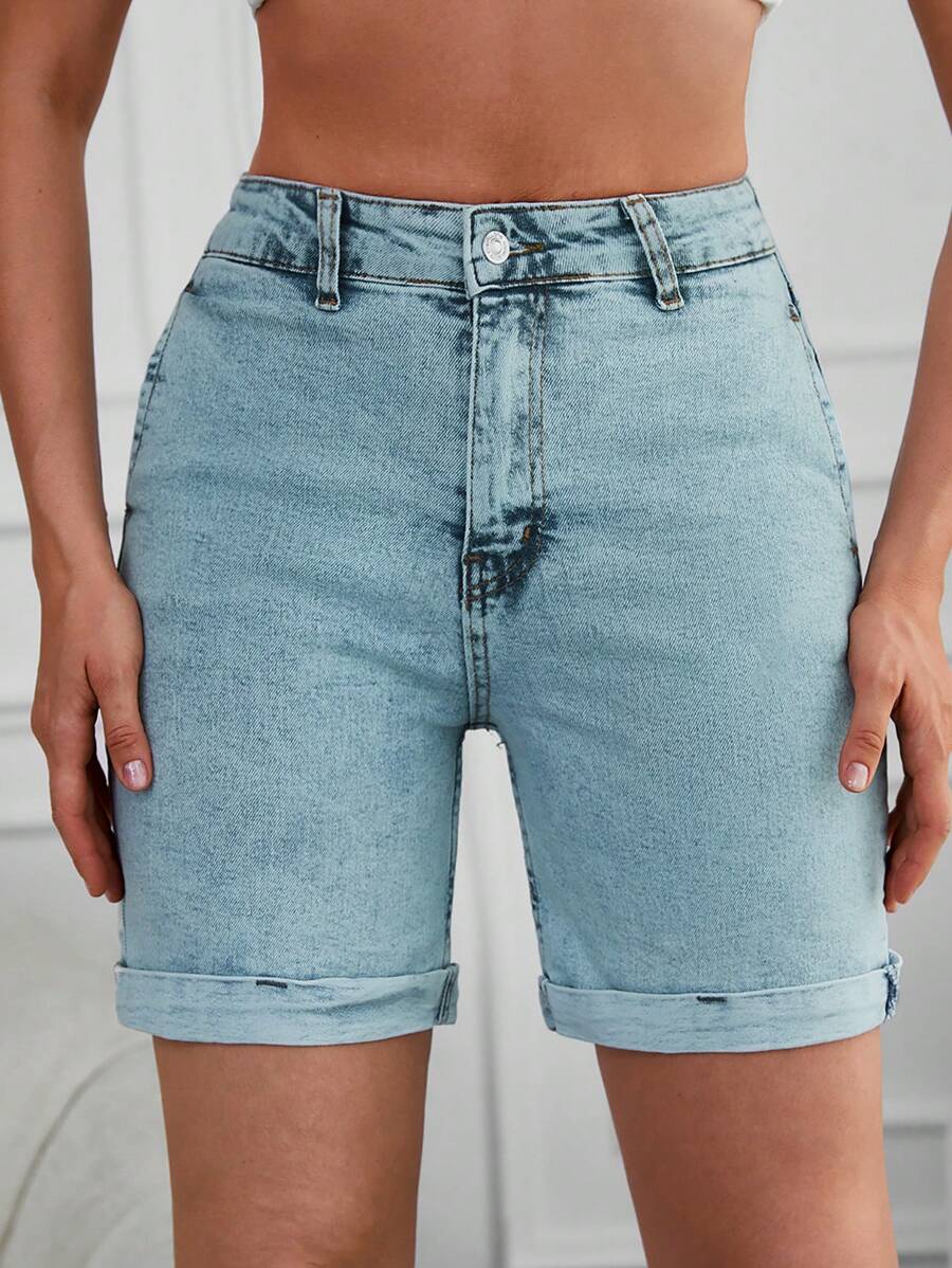 EURMUSE Roll Up Hem Denim Shorts - Light Wash - View 1