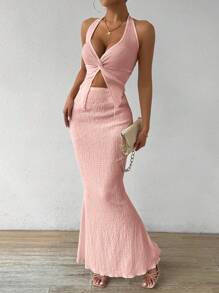 Rafferiza 2 chiếc/bộ áo hở lưng gợi cảm màu trơn mùa hè và chân váy đuôi cá - Hồng - Xem 6