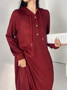 Al Najma 女式简约前扣长袖连帽休闲阿拉伯连衣裙，朴素休闲服长款运动衫阿拉伯连衣裙，适合日常休闲/返校/旅行 - 鏽棕色 - 查看 8
