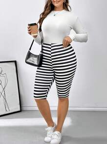 SHEIN Essnce 大码女式提臀紧身条纹印花打底裤，灰色 - 黑與白 - 查看 5