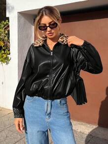 SHEIN Essnce Kurtka ze sztucznej skóry z kołnierzem z futra lamparta dla kobiet, Czarna kurtka skórzana, Kurtka damska jesień/zima, Kurtki damskie zimowe, Kurtki lotnicze dla kobiet, Kurtki z lamparta, Kurtki skórzane dla kobiet, Kurtka skórzana skrócona - Czarne - Zobacz 5