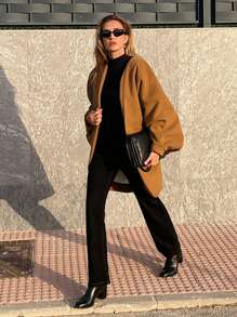 SHEIN Essnce Women's Bat Sleeve Medium-Length Coat, Murad Brown Coat Jacket, Wear Coat, Fall Women's Clothing, Women's Coat, American Retro, With Turtleneck Sweater Elegant And Stylish Going Out Wear, Fashionable Women's Clothing, 2024 Fall And Winter New Women's Clothing,Winter Women Coat - Brown - View 5