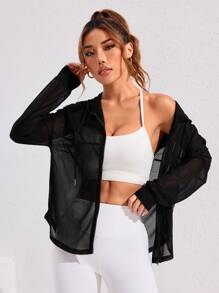 SHEIN Sport Studio Spring & Summer Casual Solid Color Sheer Hooded Sports Jacket