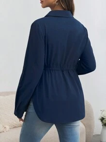 SHEIN Maternity Bow Tie Drawstring Button Up Shirt For Pregnant Women - Dark Wash - View 2