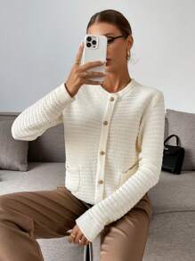 SHEIN Frenchy Women's Solid Color Minimalist Daily Wear Long Sleeve Sweater,Sweater Top,Cardigan Sweater,Fall Clothes,Winter Women Clothes - Beige - View 3