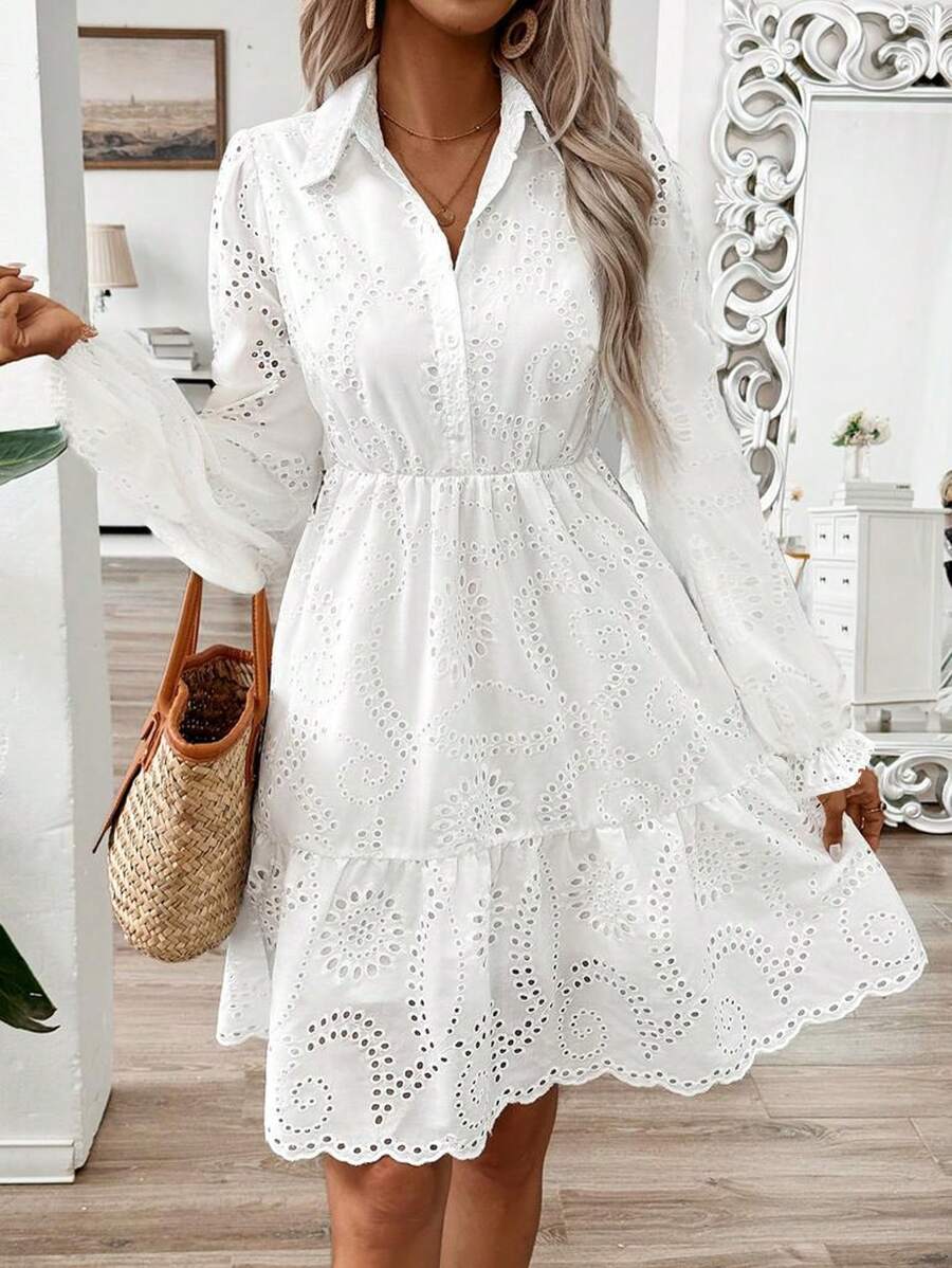 SHEIN Frenchy Women's Solid Color Laser Cut Embroidered Ruffle Hem Dress, Spring/Summer Winter New Year White - White - View 1