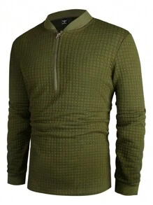 Manfinity Homme Men's Solid Color Zipper Closure Long Sleeve Polo Shirt - Army Green - View 3