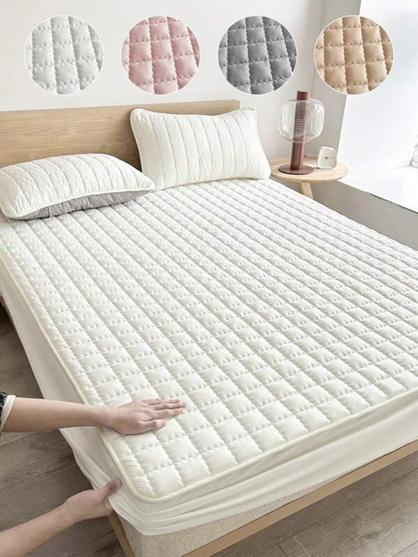 1 pieza Sábana ajustada acolchada sólida, ropa de cama, protector de colchón, cubrecama, sábana, textil para el hogar acogedor, protector de colchón transpirable y antipelusas, decoración del hogar, cubrecama decorativo de unicolor para dormitorio y dormitorio, se ajusta a todas las camas - individual, doble, queen, king, apto para todas las estaciones, lavable a máquina, cubrecama antipolvo, antideslizante, no incluye almohada ni funda de almohada, de vuelta al colegio