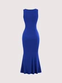 SHEIN Unity Plain Square Neck Fishtail Hem Sleeveless Dress Maxi Women Outfit - Royal Blue - View 2