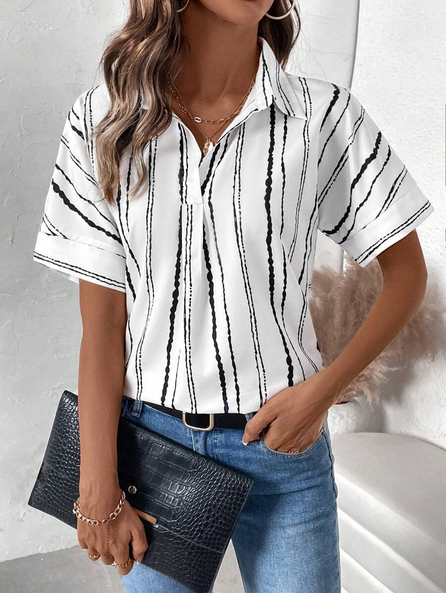 SHEIN LUNE Women's Striped Print Short Sleeve Blouse, Summer - Black and White - View 1