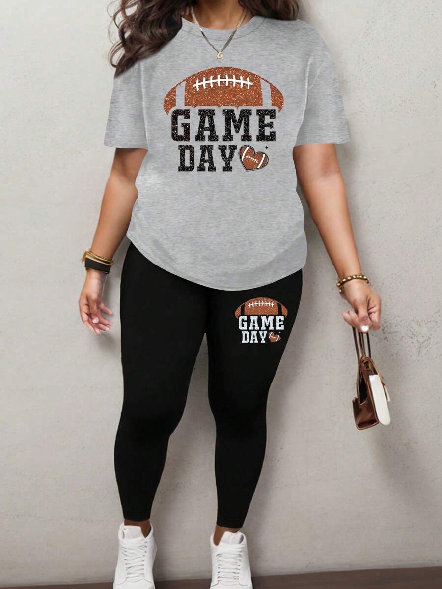 Maweii 2pcs/Set Plus Size Football Print Casual Outfit - Multicolor - View 1