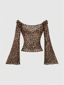 ROMWE Hippie Vintage Off-Shoulder Flare Sleeve Ruffled Leopard Print Sheer Top For Women - Hot Pink - View 2