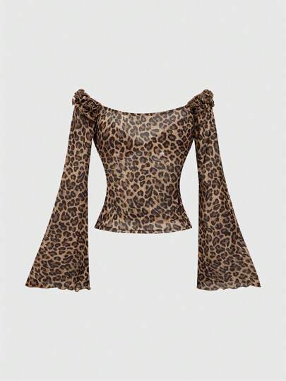 Hippie Vintage Off-Shoulder Flare Sleeve Ruffled Leopard Print Sheer Top For Women