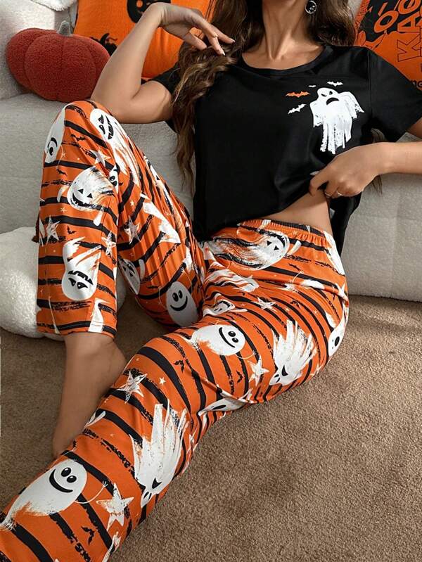 Halloween Ghost & Bat Asymmetrical Striped Print Casual Pajama Set