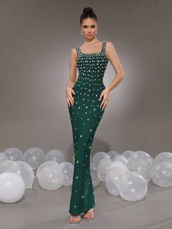 Modphy New Elegant Olive Green Sleeveless Rhinestone Embellished Plunging Square Neck Fitted Long Formal Wedding Evening Gown