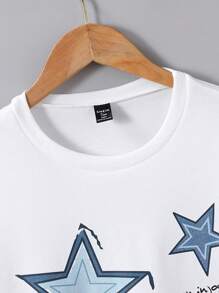 Teen Boys White Star Print Sweatshirt + Star Pattern Wide Leg Jeans 2pcs/Set - White - View 5