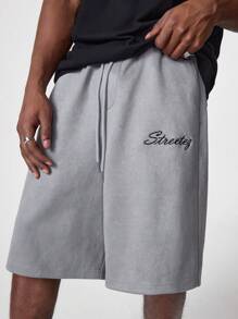 Manfinity VCAY Men's Suede Embroidered English Text Pattern Loose Short Sleeve Shirt Set - Grey - View 4