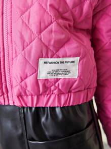 SHEIN 年轻女孩字母贴花绗缝领弹性下摆夹克，冬季 - 粉色 - 查看 4