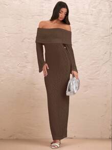 SHEIN BAE Váy suông hở vai tay dài gợi cảm, kỳ nghỉ lãng mạn, tiệc cưới - Cà phê nâu - Xem 4