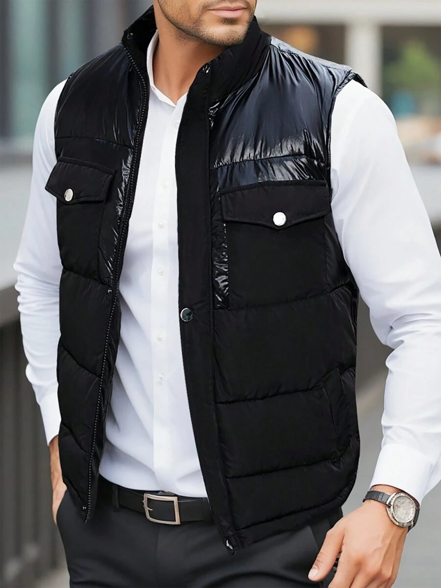 Manfinity Homme Men Pocket Design Casual Winter Matching Sleeveless Coat , Black Vest