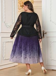 Modelyn Set de 2 piezas para mujer talla grande con blusa de manga larga con apliques de encaje y falda plisada de unicolor