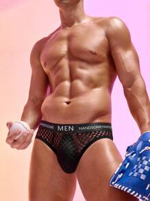 Men Briefs With Letter Jacquard Waistband - Black - View 4